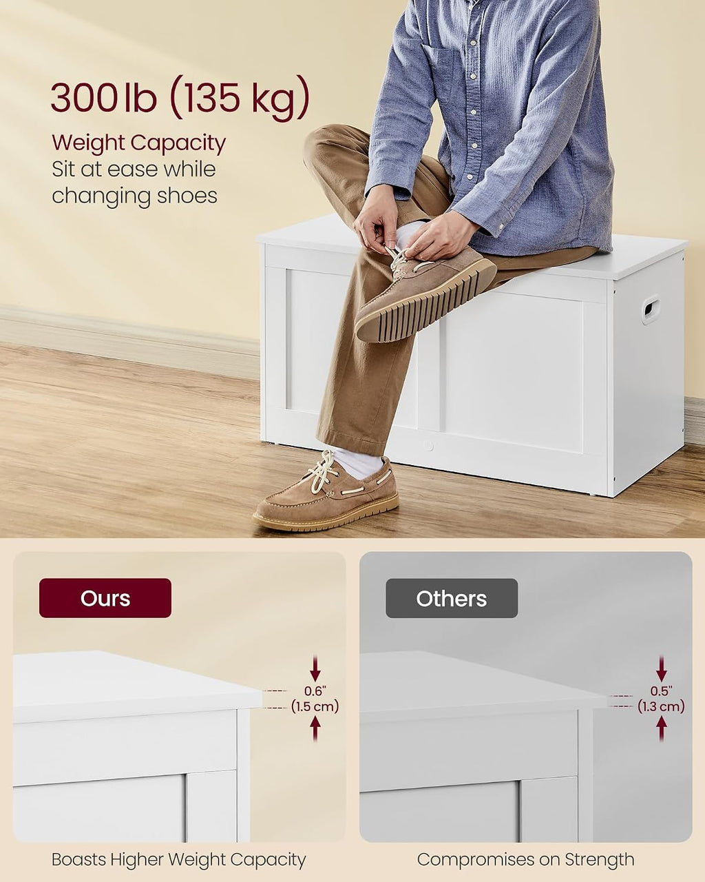 vasagle storage chest with 2 safety hinges, 15.7 showing dimensions