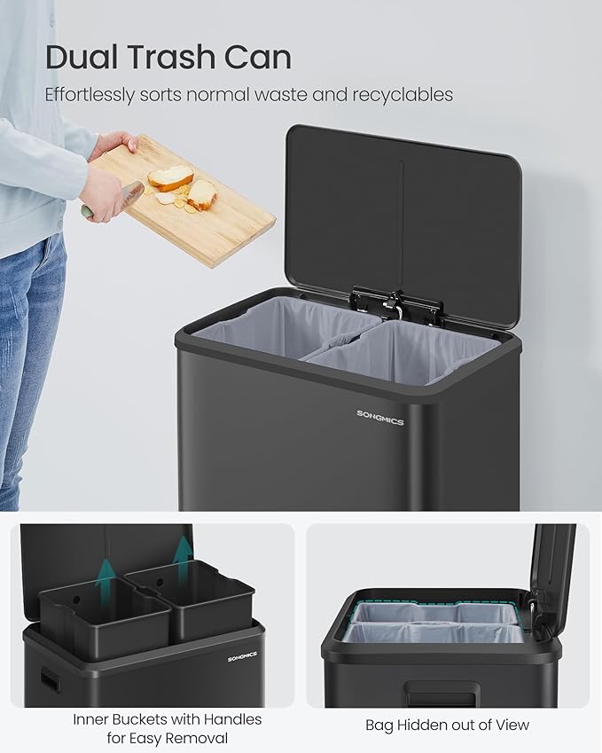SONGMICS Trash Can, 2 x 8 Gallon Double Garabge Can