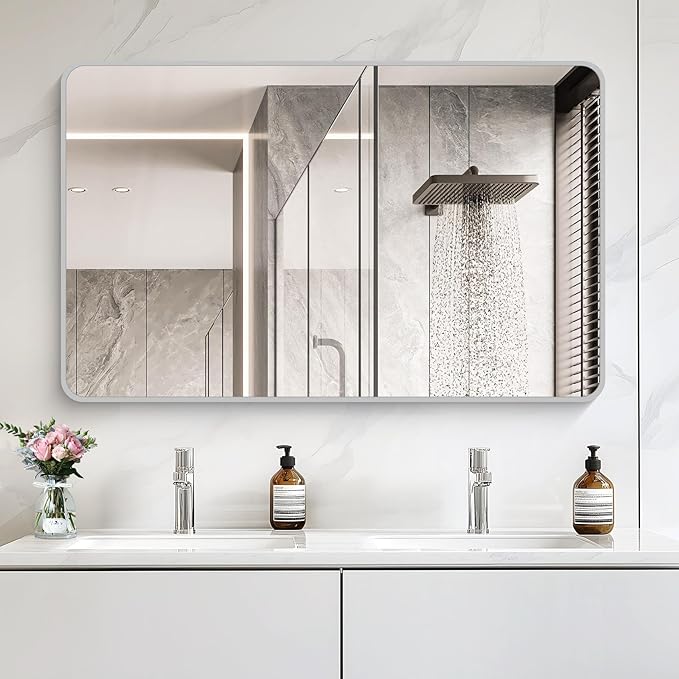 48x30 Inch Silver Bathroom Mirror, Metal Framed Silver Rectangle Mirrors