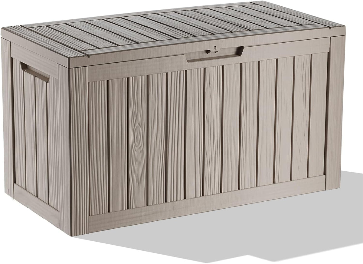 85 Gallon Outdoor Storage Box Waterproof, Resin Deck Box with Lockable Lid, Weatherproof Container for Patio Furniture Cushions, Garden Tools, Pool Accessories (Grey, 85 Gallon)
