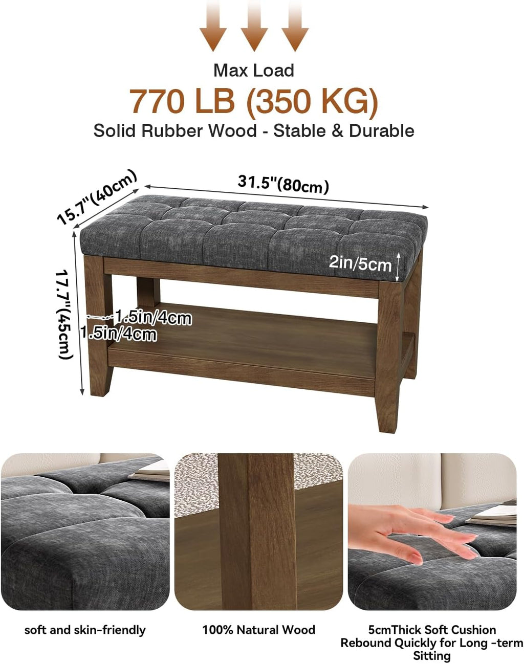 abheng solid rubber wood shoe bench, soft chenille shown in use