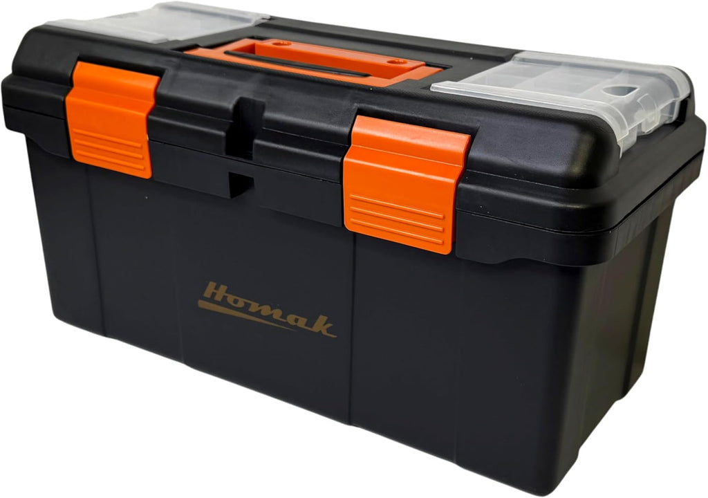 homak plastic tool box with tray and dividers showing dimensions