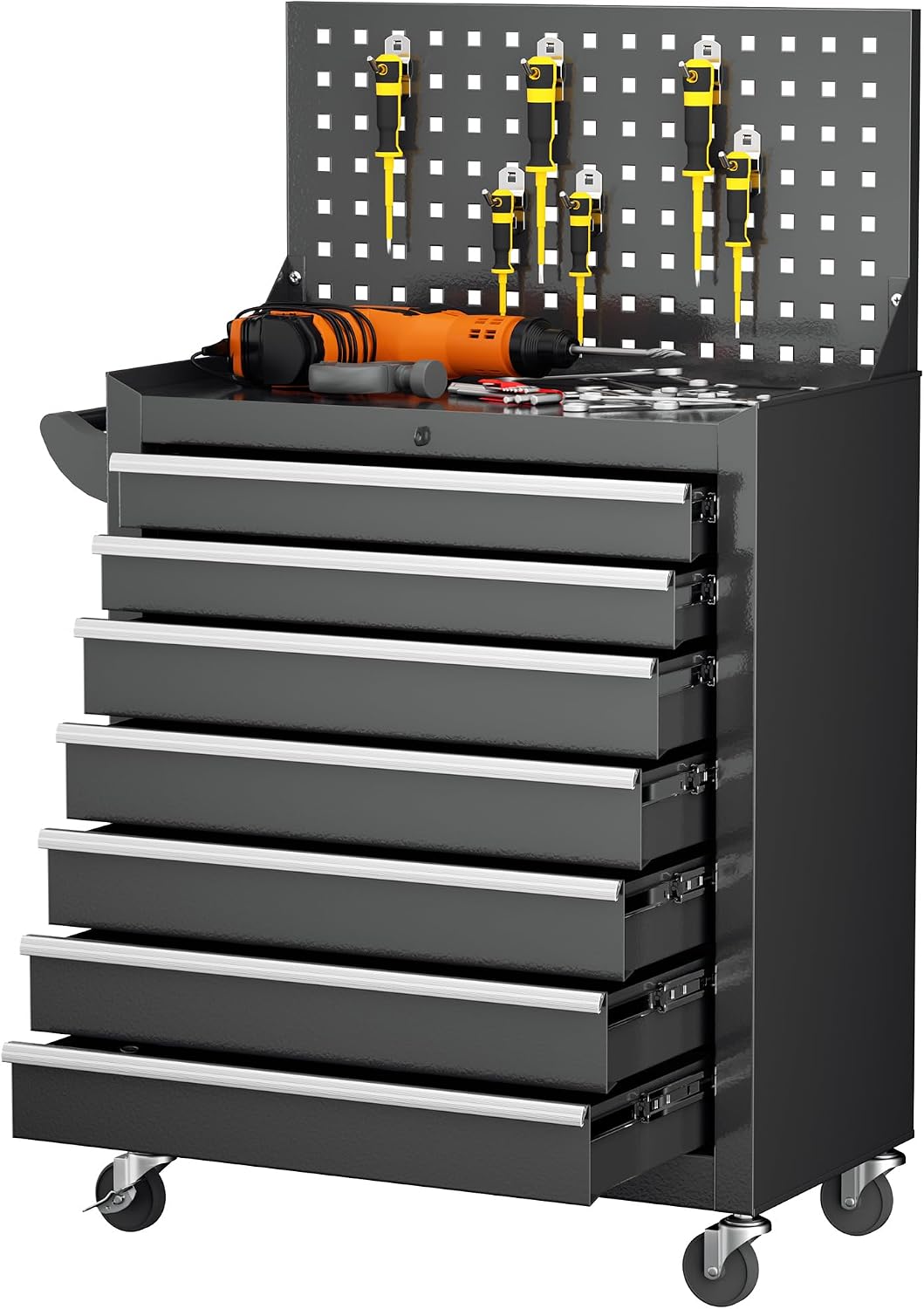 INTERGREAT 7 Drawers Rolling Tool Chest with Pegboard, Metal Tool Chest with Drawers, Tool Storage Cabinet with Wheels for Garage, Workshop, Repair Shop (Black)