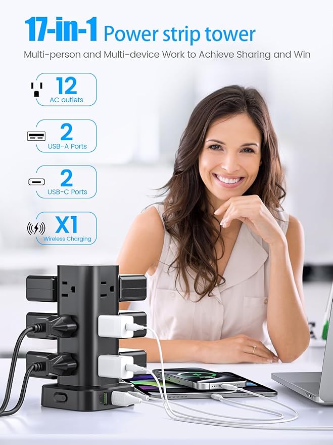 Tower Power Strip with 15W Wireless Charger, 10FT Flat Plug Extension Cord with