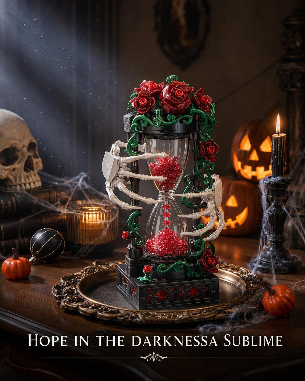 Gothic Halloween Building Set, Skeleton Hand Rose Hourglass Display Model