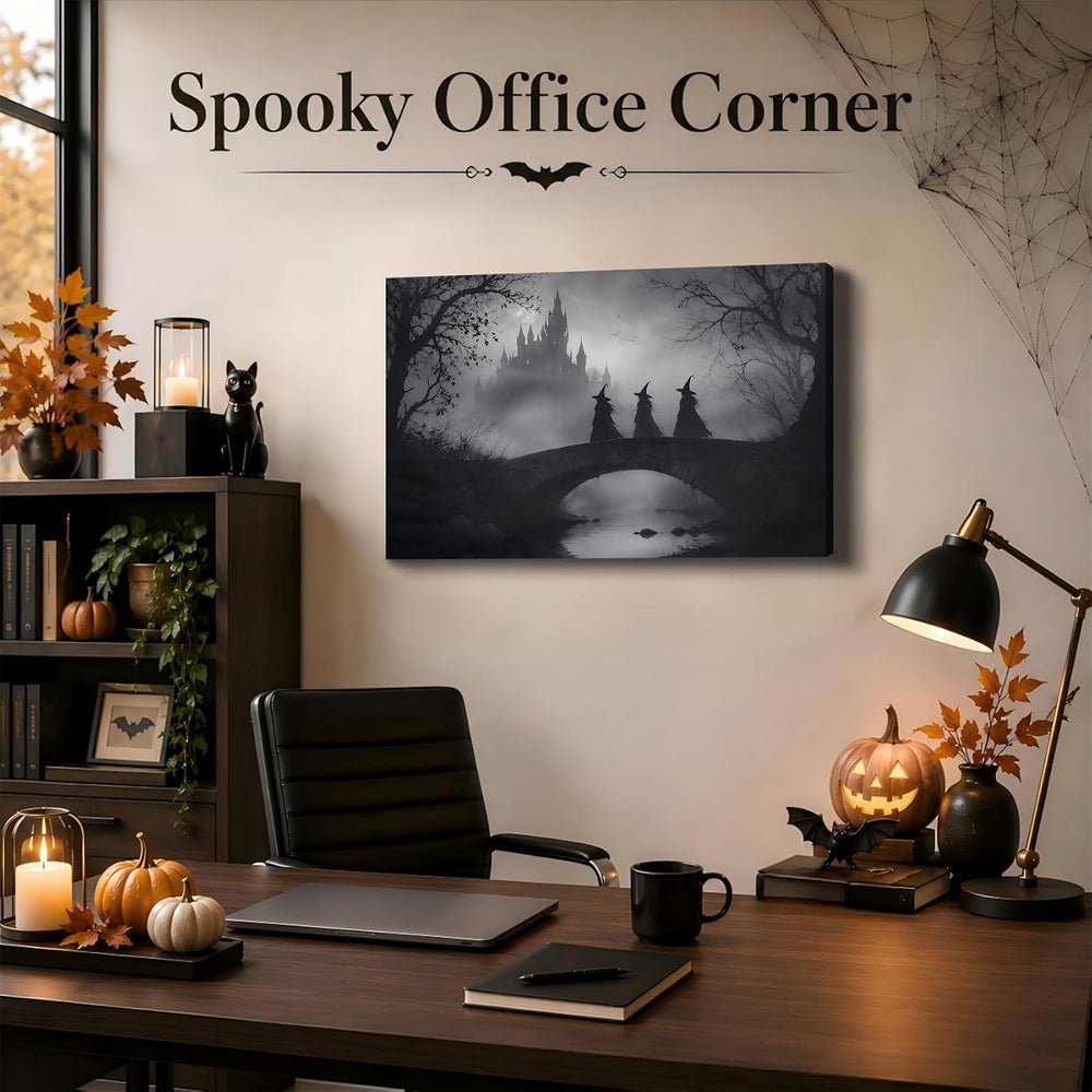 Framed Halloween Witch Canvas Wall Art, Black White Haunted Mansion Bridge Sc...