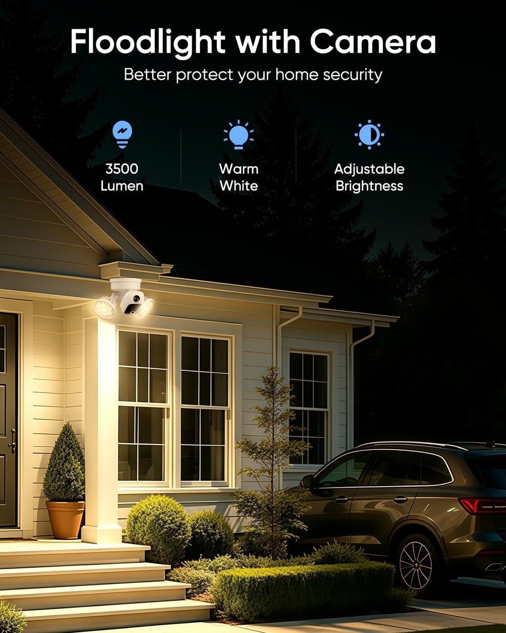 2k floodlight camera, 3000k hardwired smart security camera, close-up detail