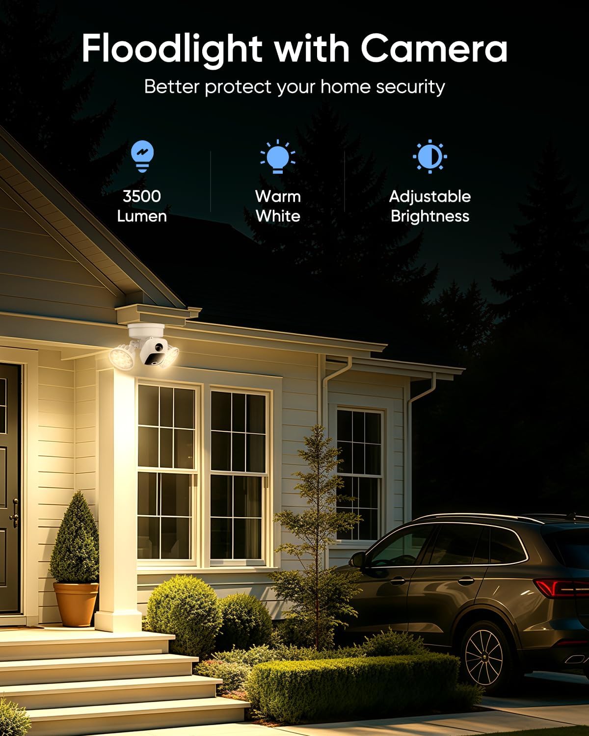 2k floodlight camera, 3000k hardwired smart security camera, close-up detail
