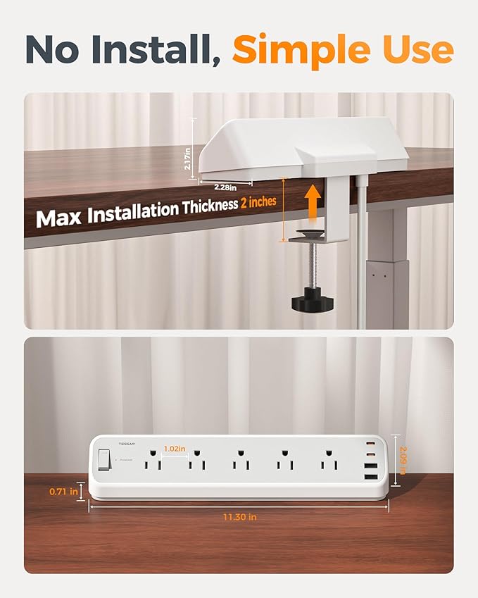 TESSAN Desk Clamp Power Strip 6 Ft, 2100J Surge Protector, 5 Outlets and 4 USB