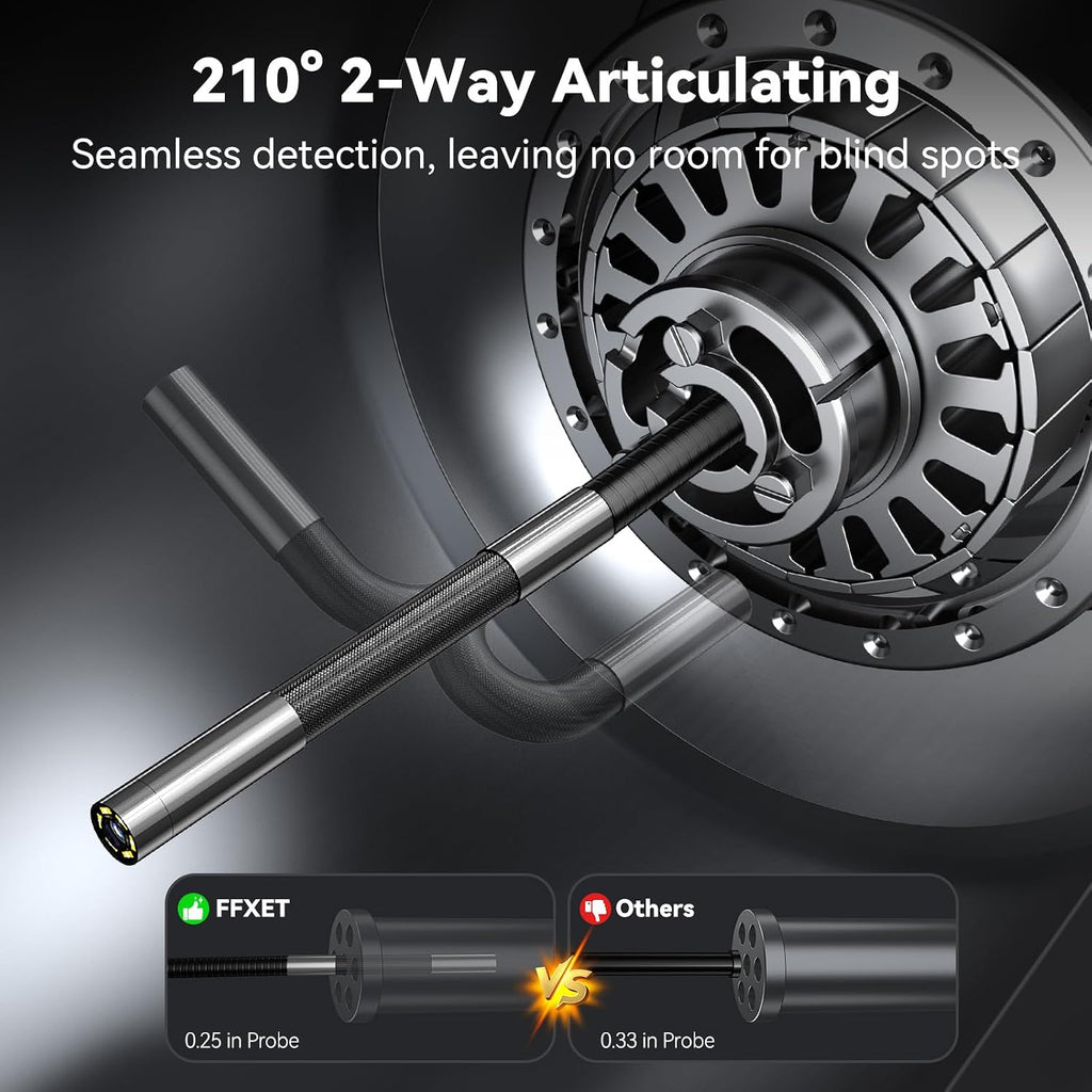 two-way 210° articulating borescope, 4.3" 1080p endoscope camera shown in use