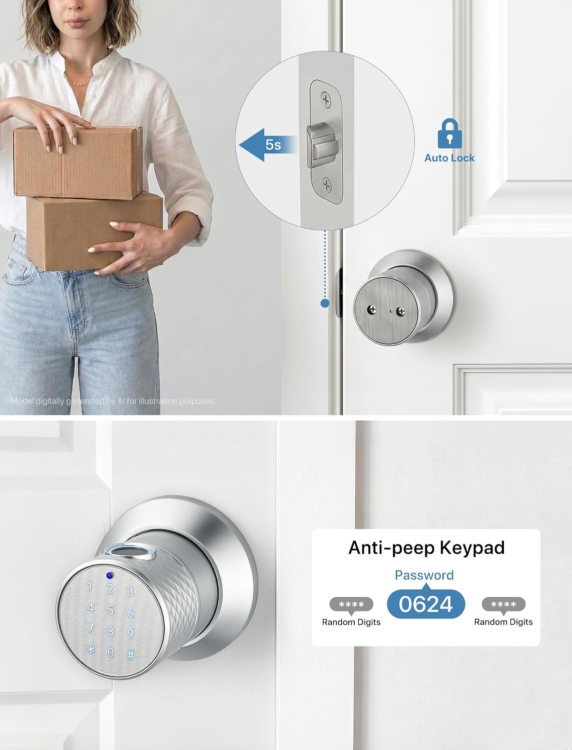 smart fingerprint door lock with app,keypad door knob, side view