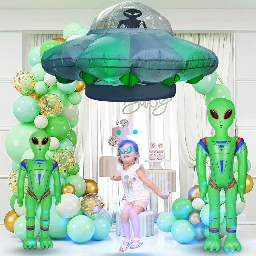 Alien Party Decorations 4.2FT Hanging Alien UFO Cow Abduction Inflatable with Cow&2pcs Jumbo Alien Halloween Inflatable UFO Built-in Green LED Blue&White Flashing Light Blow Up Yard Home Garden Decor