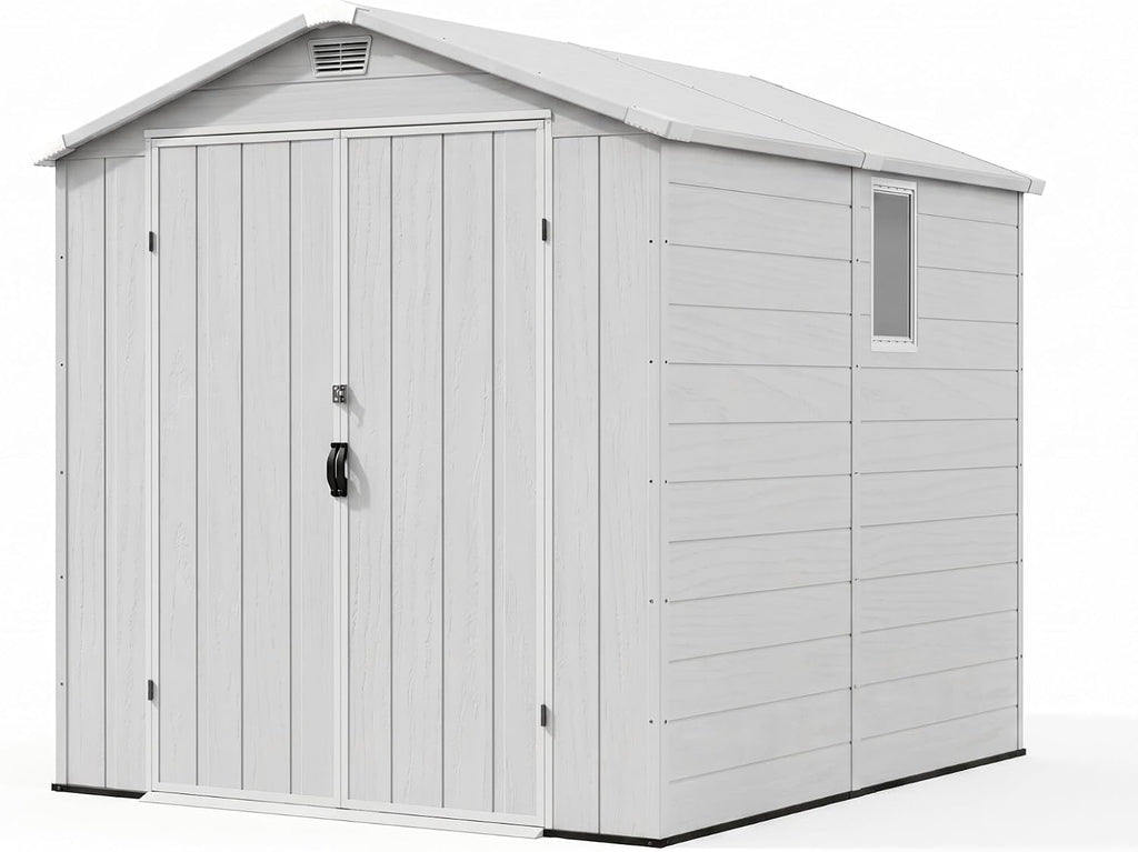 devoko 6x10 ft plastic storage shed with floor on a desk or shelf