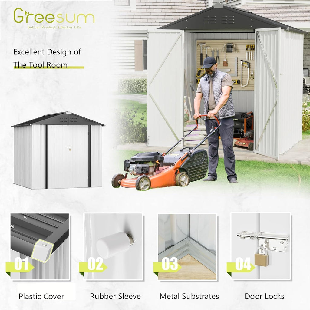 greesum 6x4ft outdoor storage shed, utility tool shed on a desk or shelf