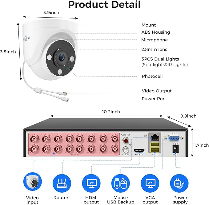 Hiseeu 16 Channel 3K Wired Security Camera System (12PCS)
