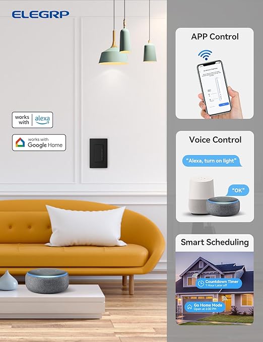 ELEGRP Smart Dimmer Light Switch DPR10, 2.4GHz Wi-Fi Dimmer Switch Compatible (6 Pack)