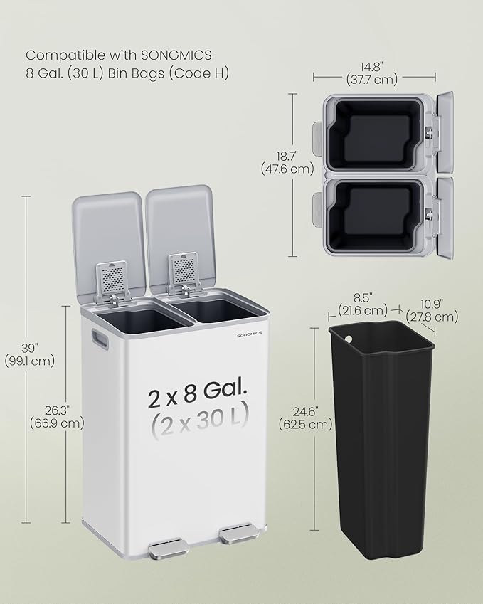 SONGMICS Trash Can, 2 x 8 Gallon Dual-Compartment Garbage Can