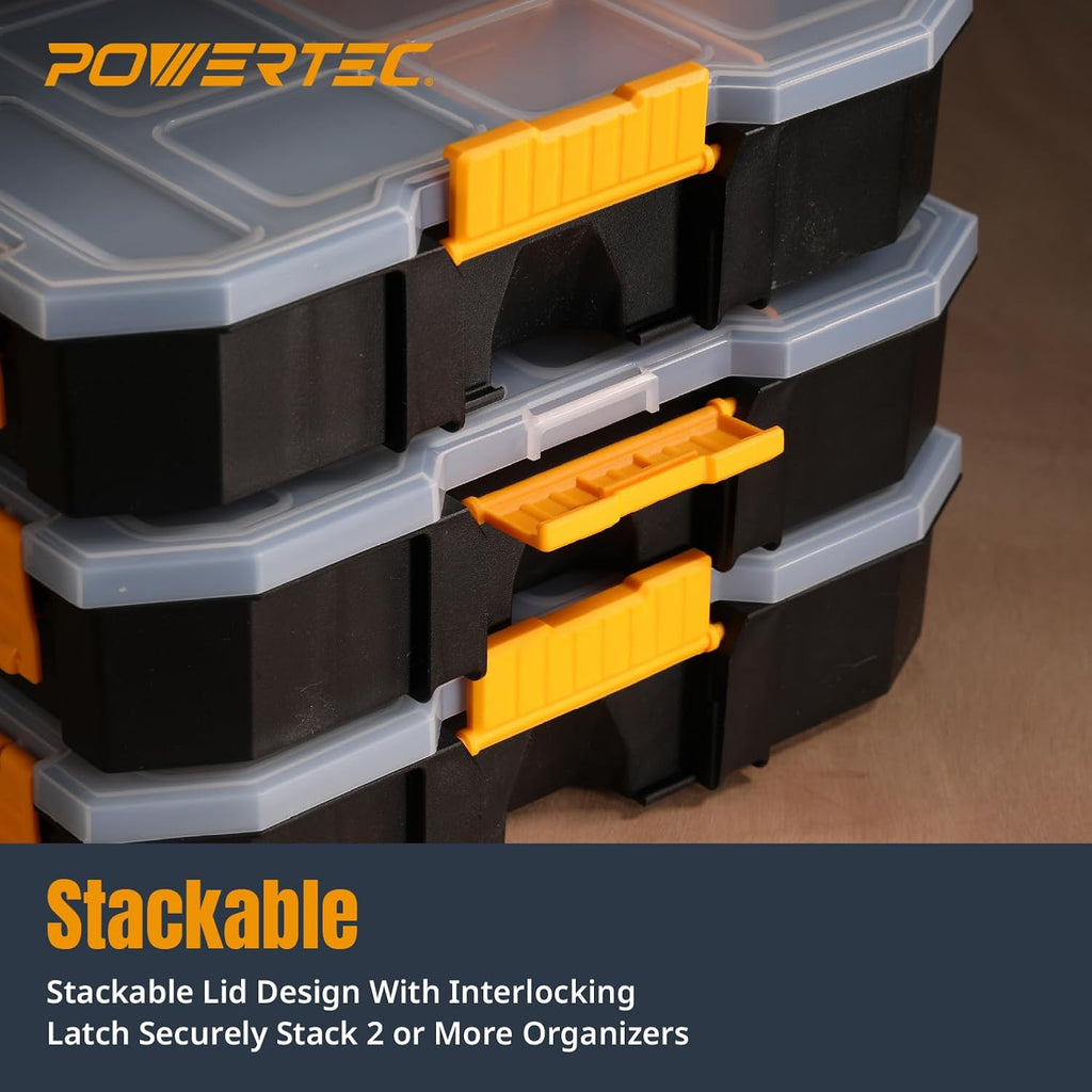 powertec stackable tool box organizer with removable dividers, side view