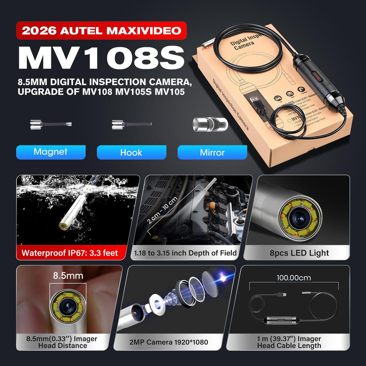 2026 autel maxivideo mv108s digital inspection camera, 2mp shown in use
