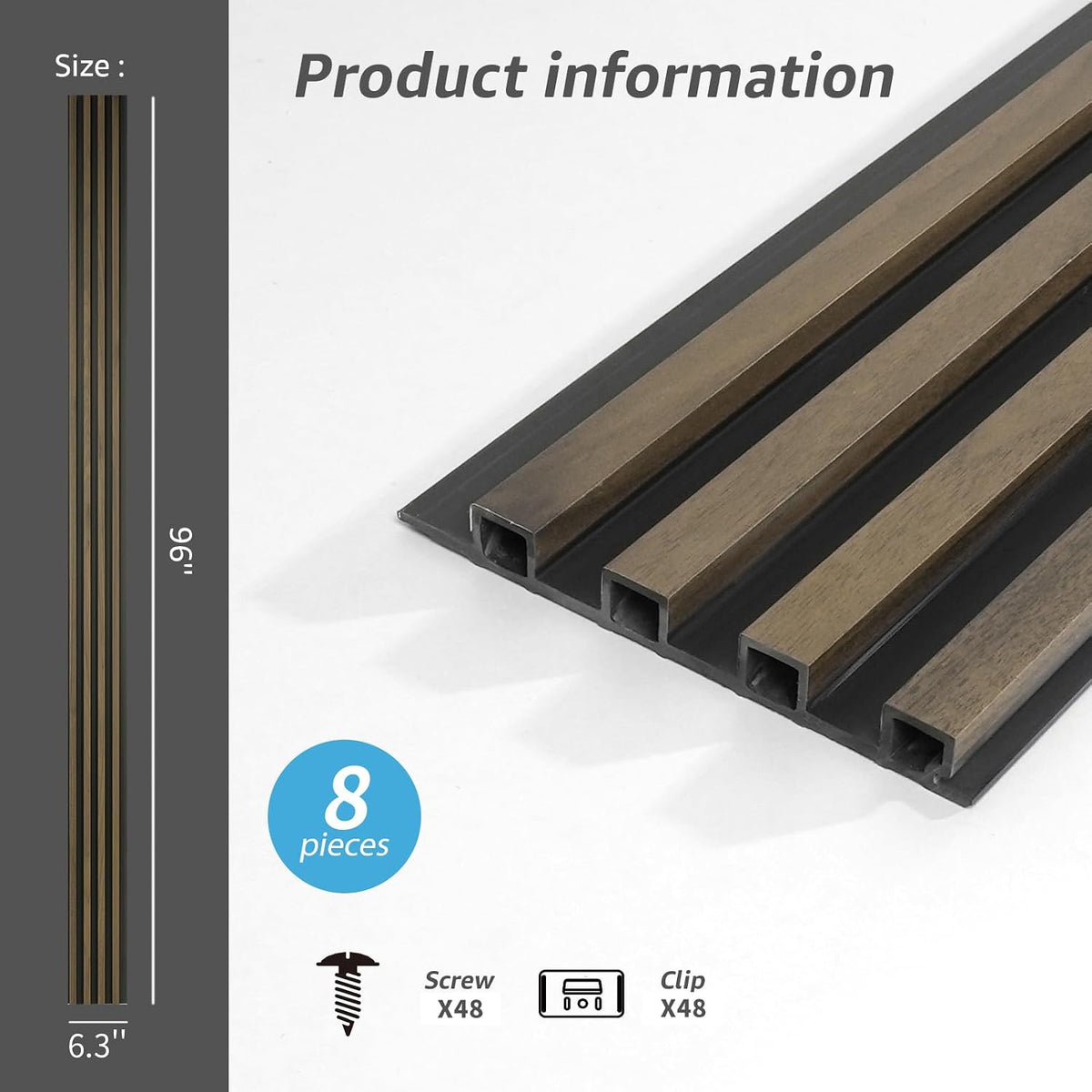 Art3d 96 x 6 Inch 3D Fluted Wood Textured Slat Wall Panel, 8-Pack, Ebony