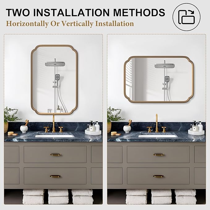 Gold Bathroom Mirror for Wall 20" x 30" Modern Rounded Corner Rectangle Mirror