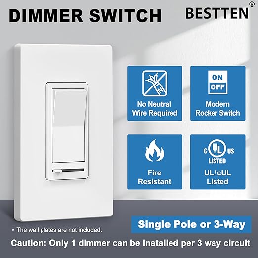 BESTTEN 5 Pack Dimmer Light Switch, Single Pole or 3-Way, Compatible