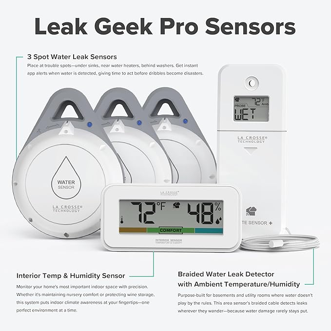 Leak Geek Pro Wi-Fi Alert System: Bridge Gateway, 3 Water Spot Detection Sensors