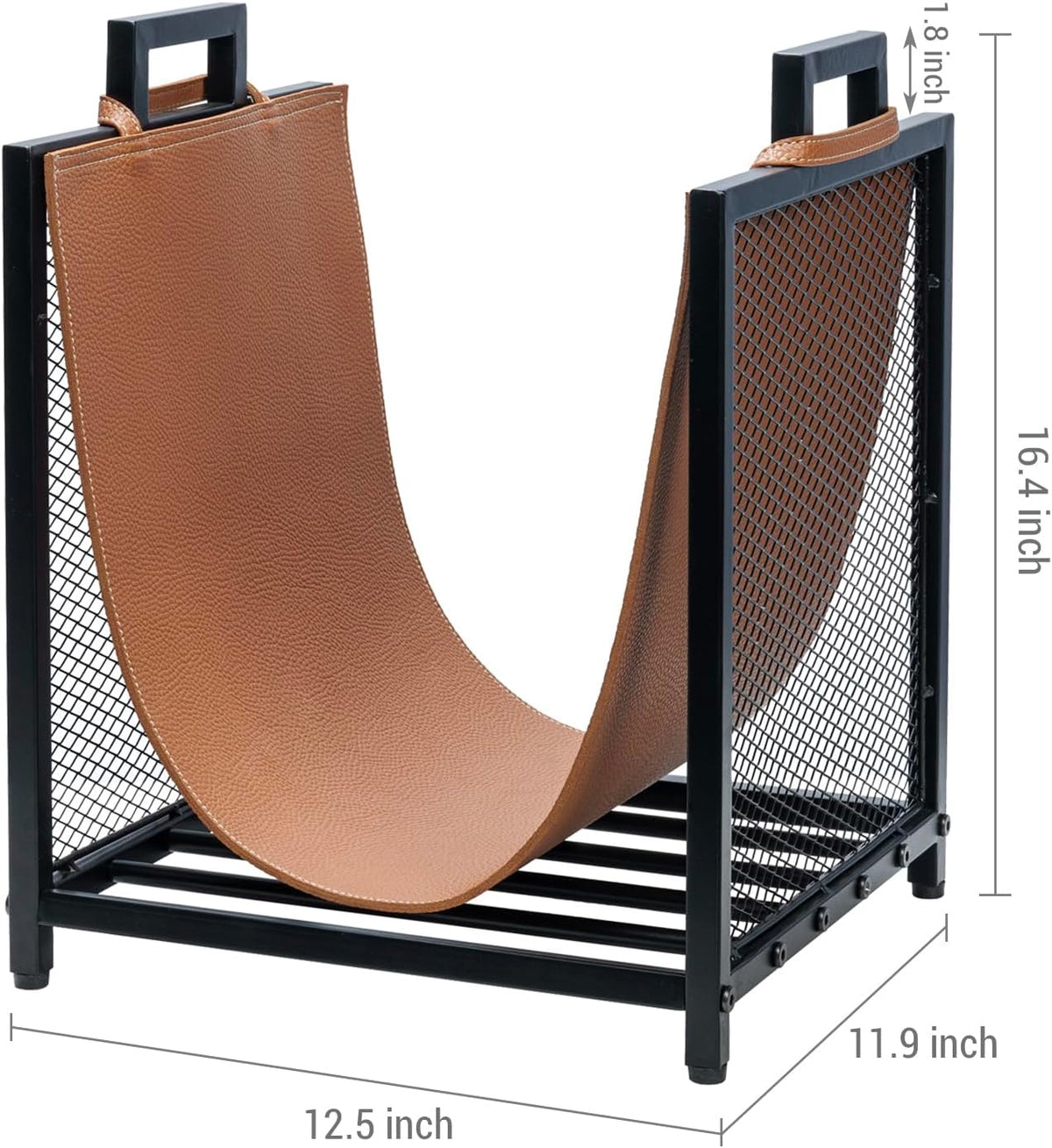 mygift black metal firewood stand with brown sling showing dimensions