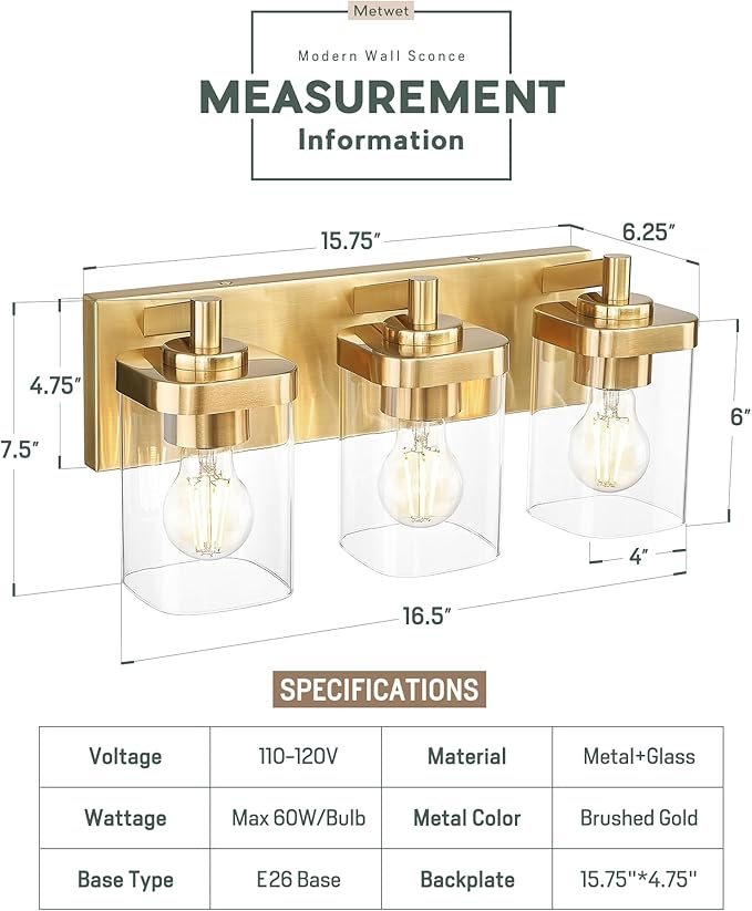 METWET Bathroom Light Fixtures Over Mirror, 3-Light Brushed Gold Vanity Light