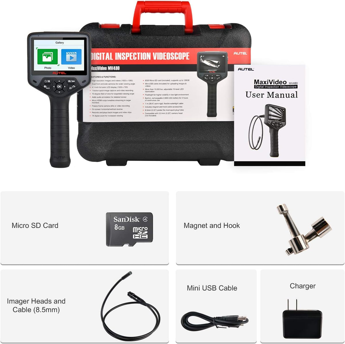 autel maxivideo mv480 inspection camera, 1080p hd industrial, front angle view