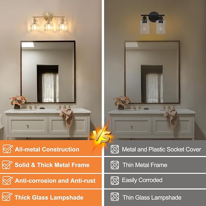 Shenmoyl Bathroom Light Fixtures, 3-Light Brass Vanity Wall Light Over Mirror