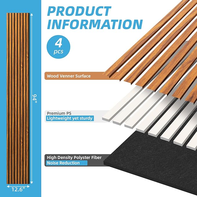 Art3d 4-Piece 94 x 12.6 Inch Acoustic Lightweight Slat Wall Panel