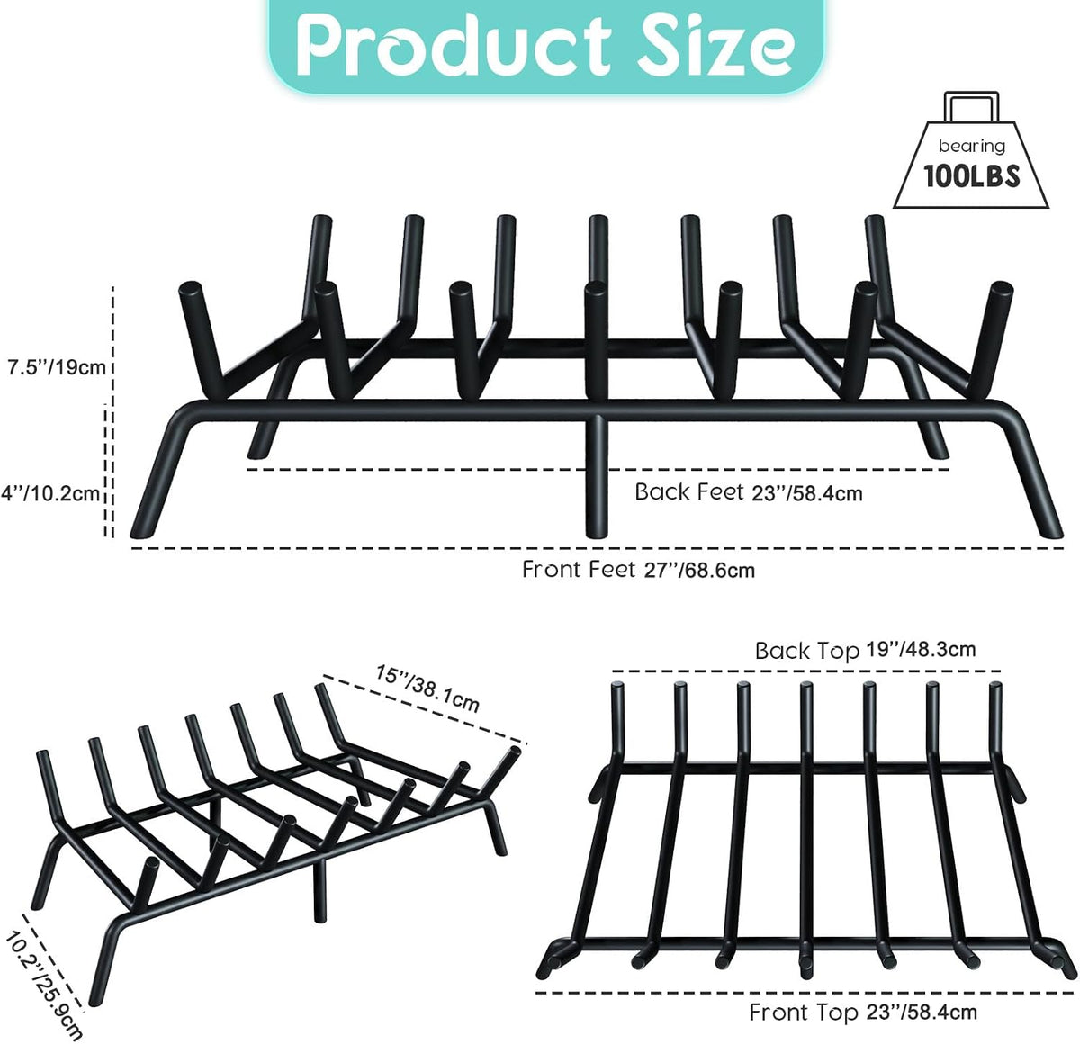 30-Inch Fireplace Grate, Heavy Duty 7-Bar Log Rack Holder