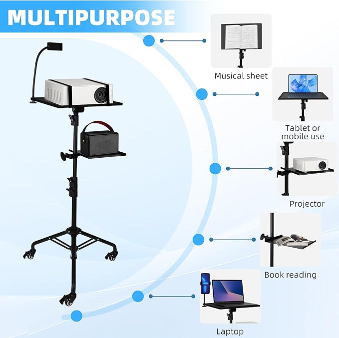 STEADUS Projector Stand Tripod – 24 to 59 Inch Adjustable Height – Dual Shelves