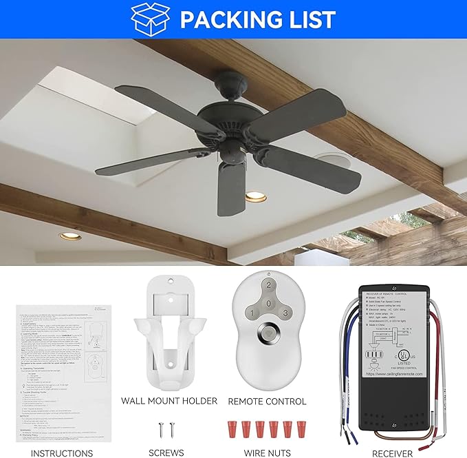 Universal Ceiling Fan Remote Control Kit, 3-Speed Fan and Dimmer Light Control