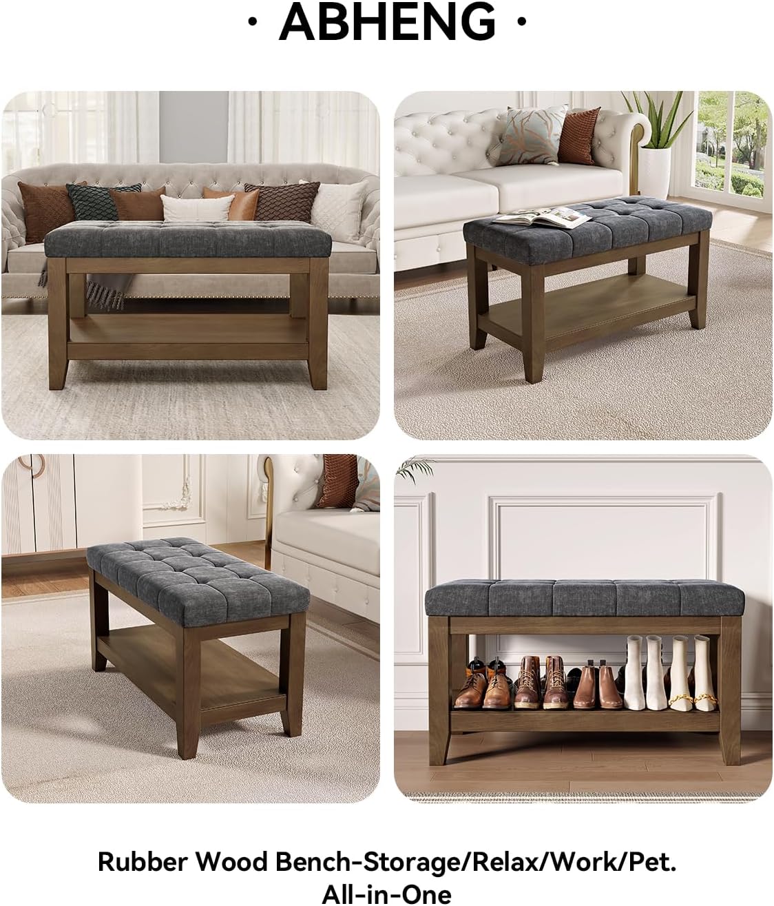 abheng solid rubber wood shoe bench, soft chenille on a desk or shelf