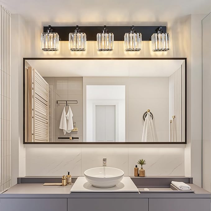 FDPBY Modern Bathroom Vanity Light 5-Lights Plating Black Crystal Bathroom Wall