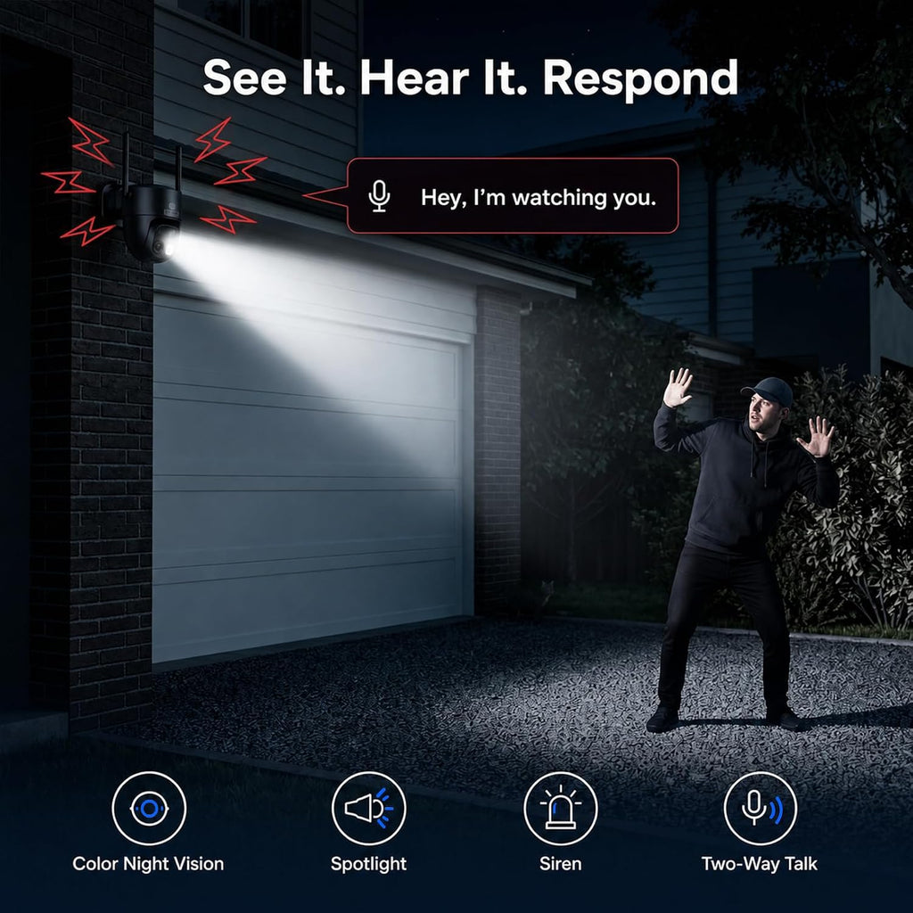 mubview dual-lens solar security camera, 4k pan tilt, front angle view