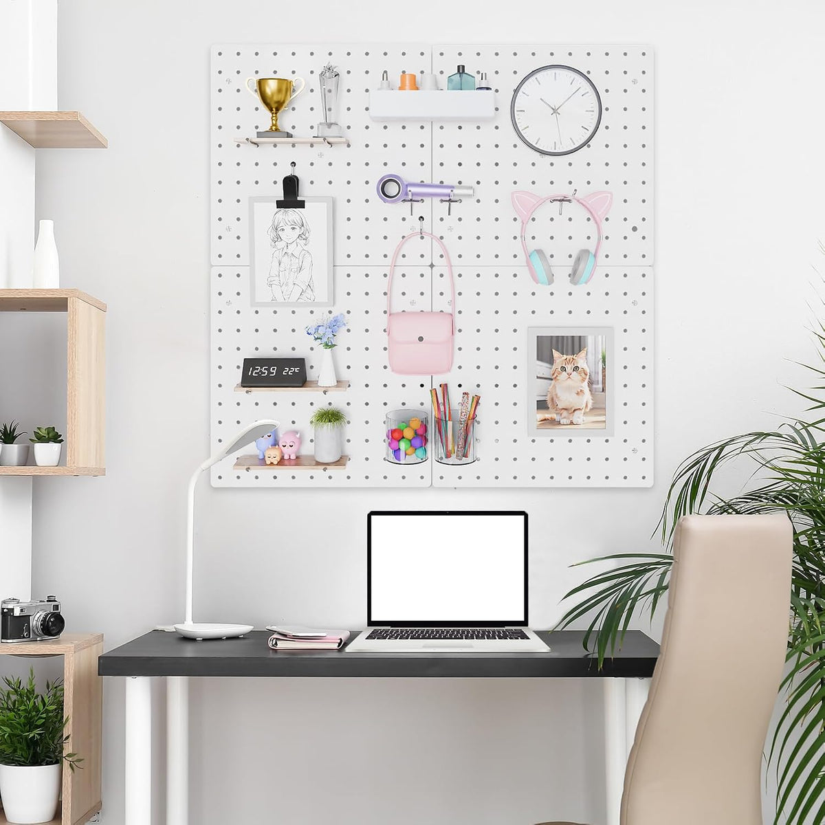 FZK Modular Plastic Pegboard Wall Organizer Kit, White， 12x12, 4 Panels