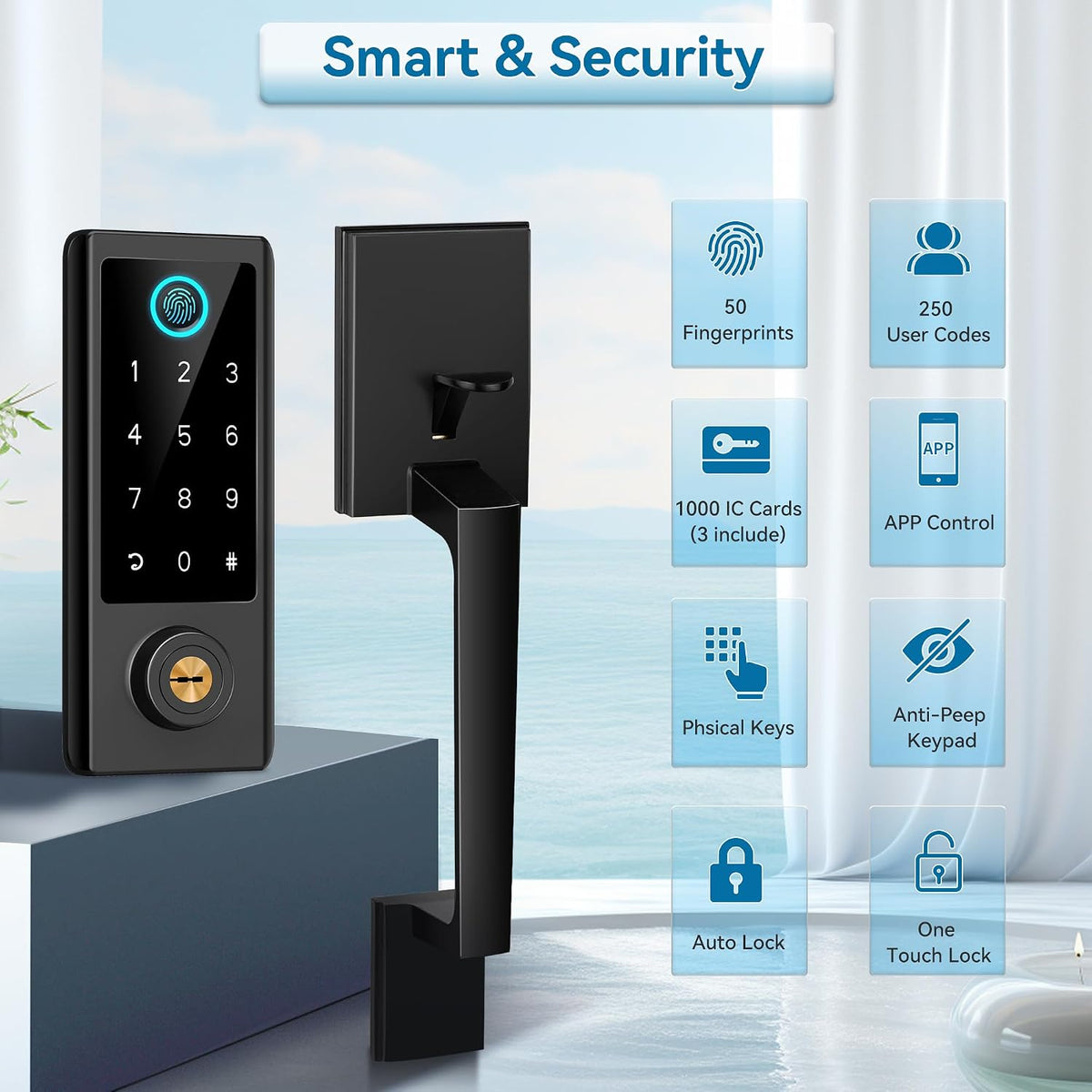 fingerprint door lock with handle sets, bebasia app shown in use