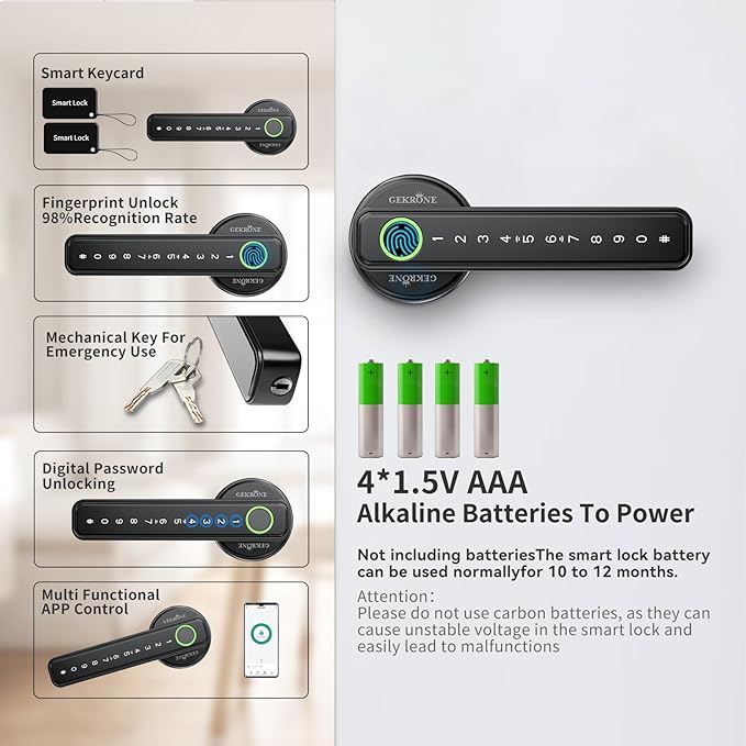 GEKRONE Fingerprint Smart Lever Lock TUYA APP Control Keyless Entry Bluetooth