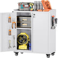 Reemoon Steel Garage Storage Cabinet with Wheels and 2 Lockable Doors, Metal Storage Cabinet with Pegboard and Hooks for Garage,Home,Warehouse,Assembly Required,White,13.8" D x 26" W x 31.5" H