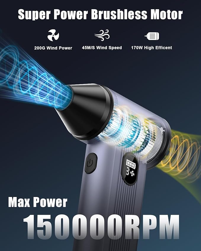 Compressed Air Duster with150, 000RPM Brushless Motor, 8000mAh Battery