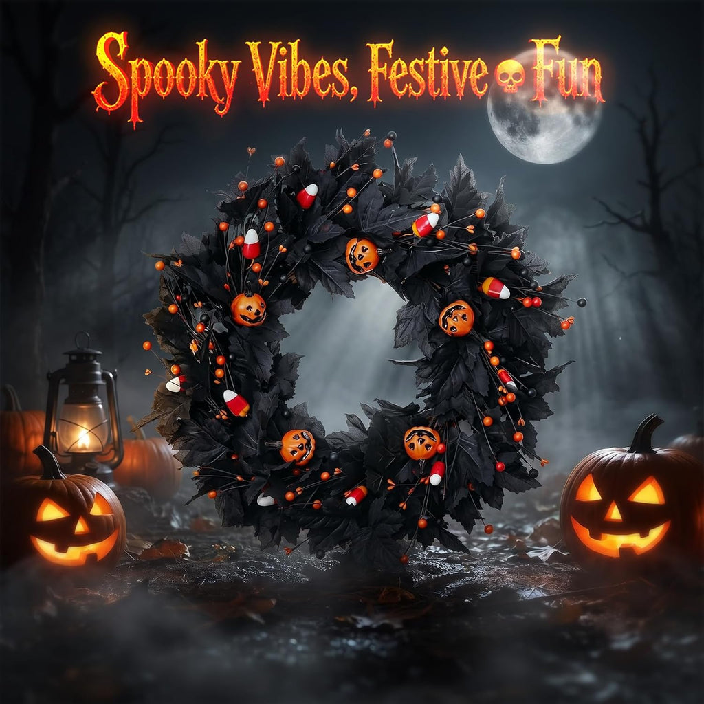 Pumpkin Halloween Wreath 24 Inch Black Maple Leave Wreaths for Front Door with Ghost Pumpkin Orange Berries for Indoor Window Wall Halloween Party