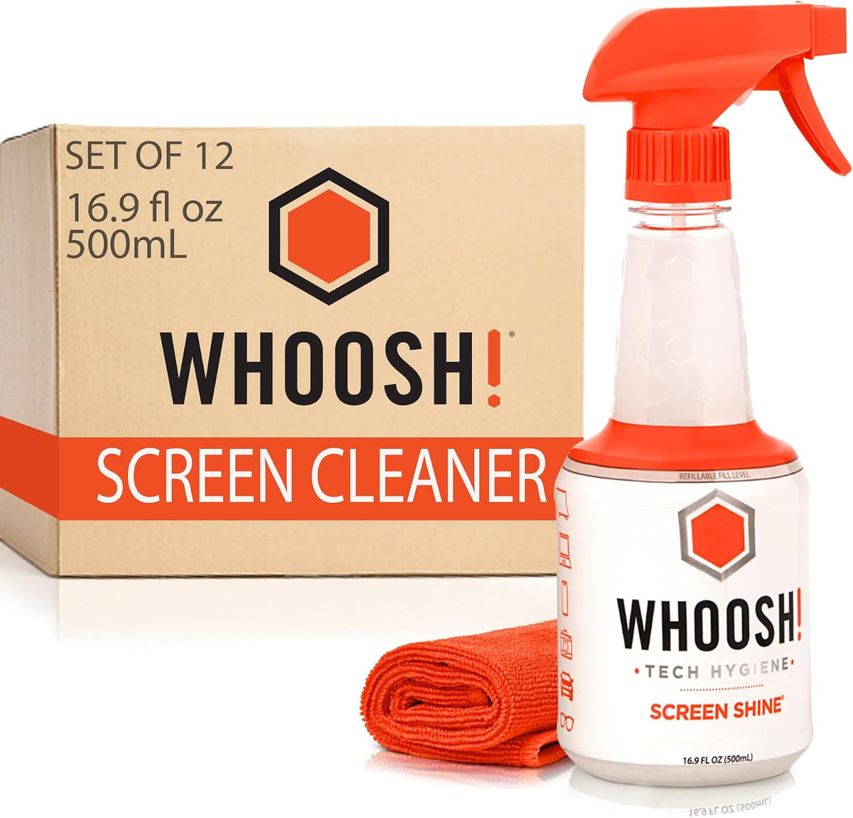 WHOOSH! Pro 16.9 fl oz Refillable TV Screen Cleaner & Microfiber Cloth (Set of 12)