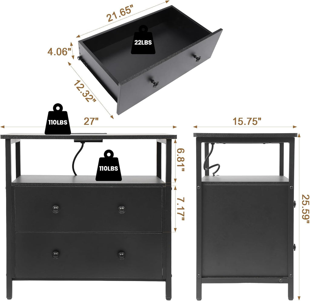 Edbuosy 27" Wide Nightstand with Charging Station & 2 Drawer, Black