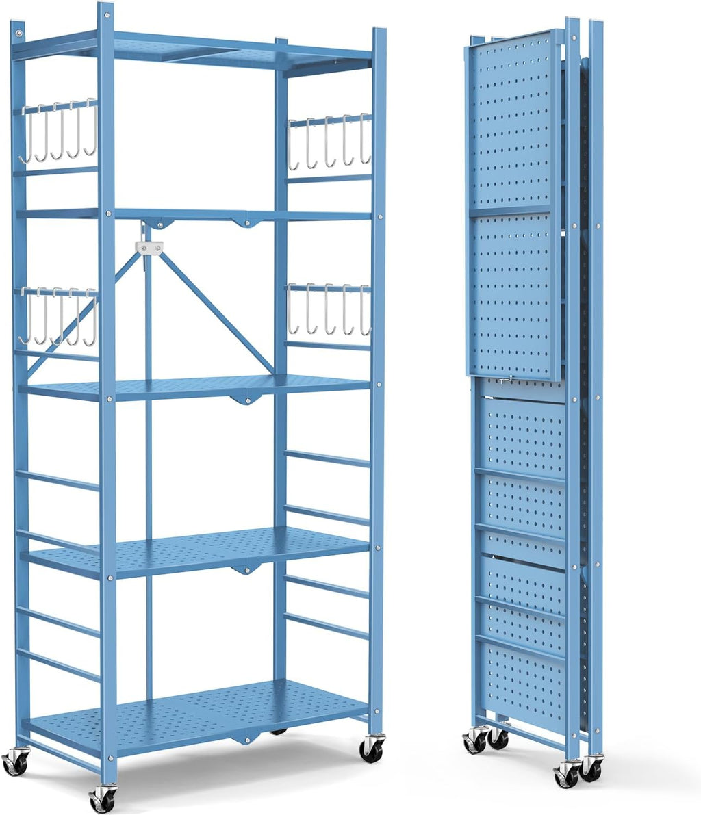 Storage Shelves with 20 Hooks, 5-Tier Foldable Shelf
