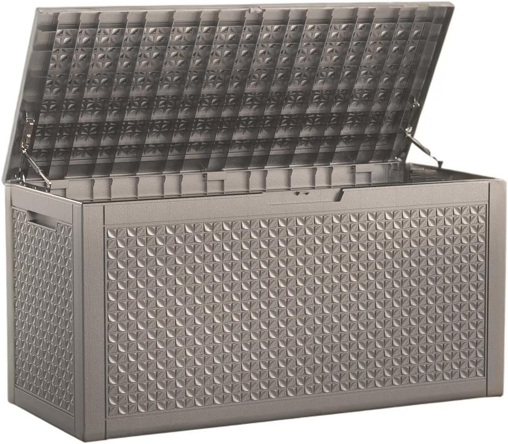 new 121 gallon outdoor storage box, resin deck on a desk or shelf