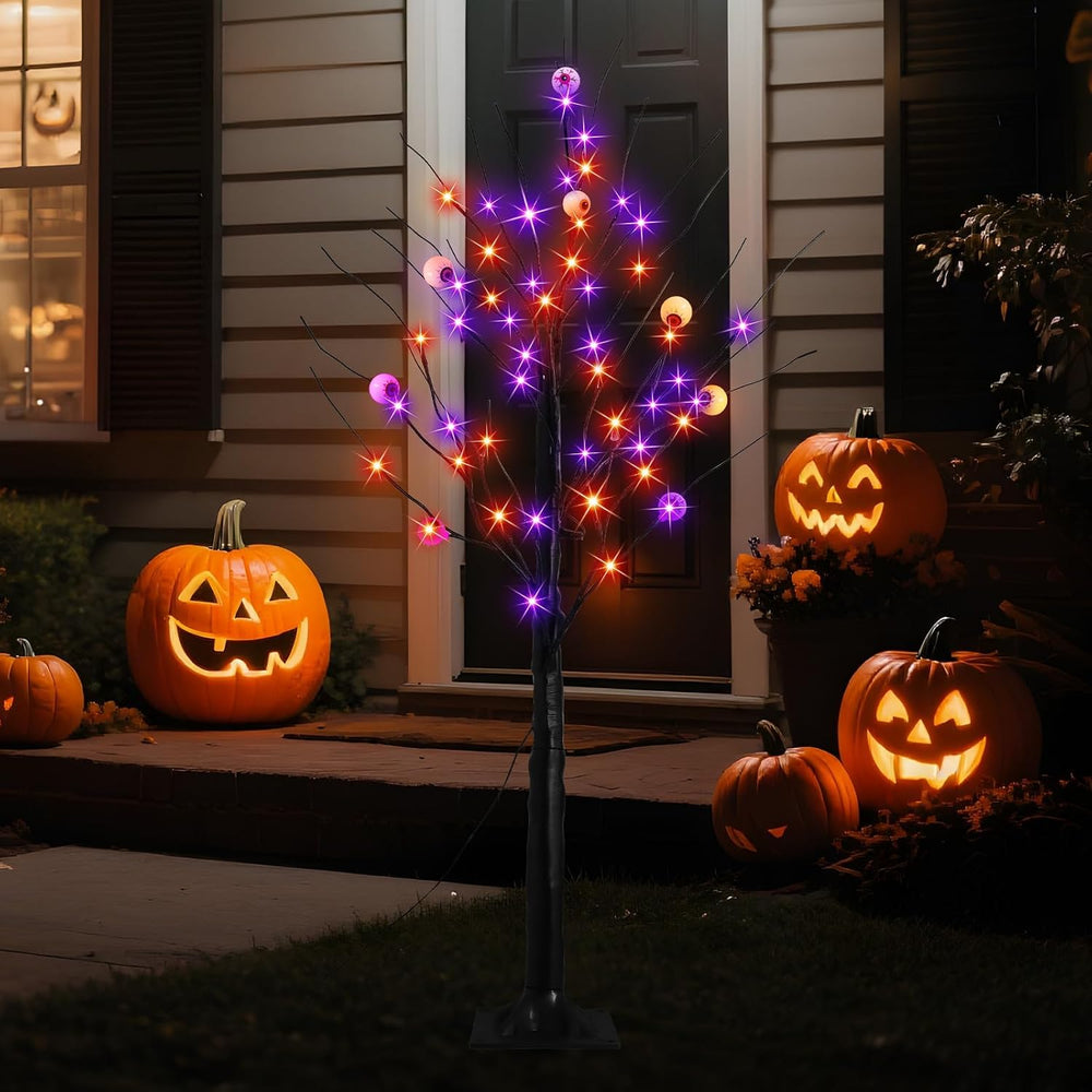 2 Pack 4FT Lighted Black Halloween Tree, Purple & Orange Lights with Timer