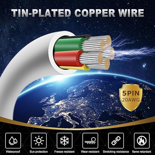 20 Gauge 5 Conductor Electrical Wire, 65.6FT White Stranded Low Voltage 20/5